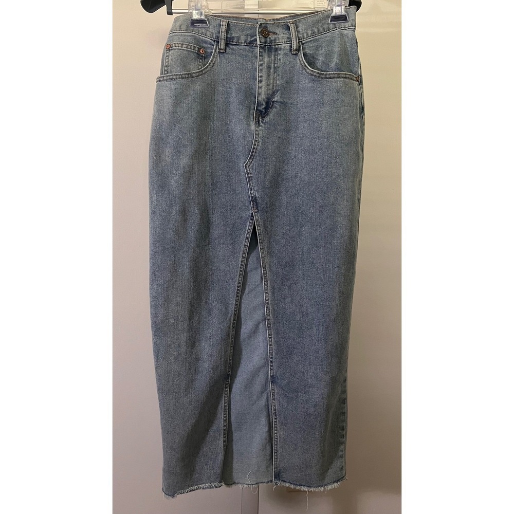 Sincerely Jules Denim Maxi Skirt Light Wash Frayed Hem Front Slit Size 24/1